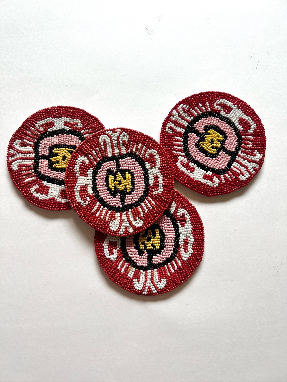 Anthropologie Red, Pink, Yellow Beaded Coaster Set of 4 boho African handmade